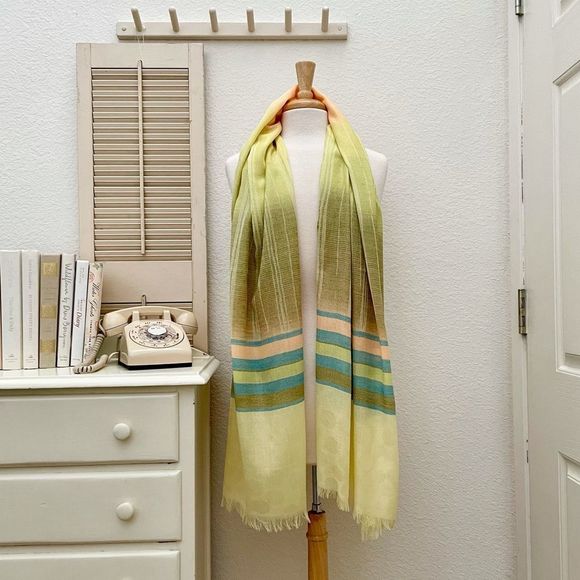 Long Striped Gauze Scarf. NWT. Deep Pastels. LOF New York. Fray Fringe Trim - Picture 2 of 8